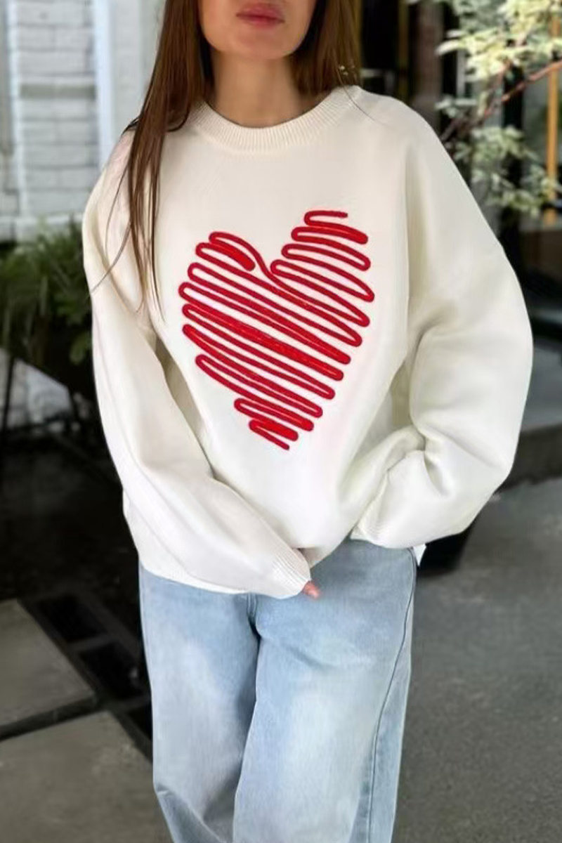 Florcoo Heart Shaped Patchwork O Neck Sweater for Casual Style
