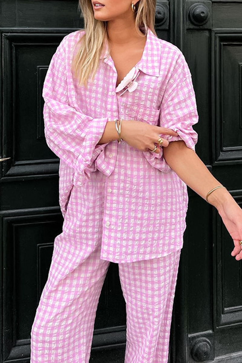 Casual Street Plaid Buttons Contrast Turndown Collar Long Sleeve Two Pieces - Fashionpara