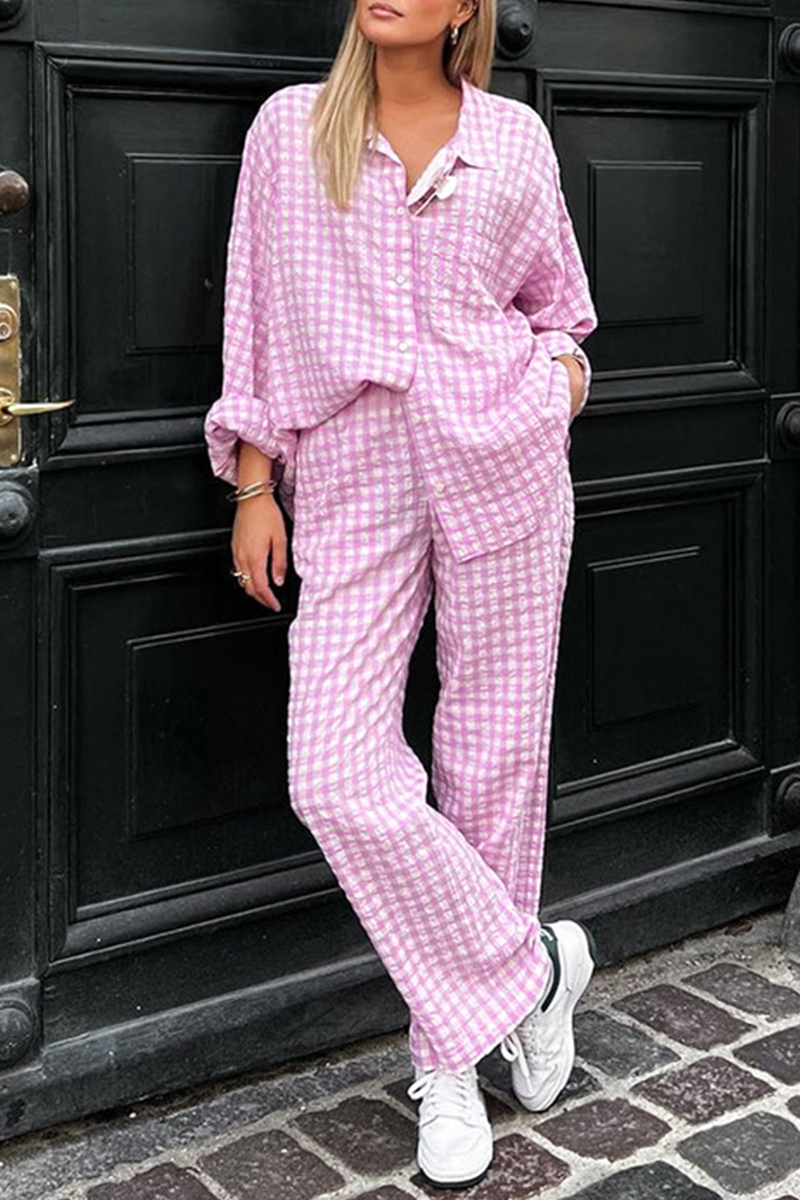 Casual Street Plaid Buttons Contrast Turndown Collar Long Sleeve Two Pieces - Fashionpara