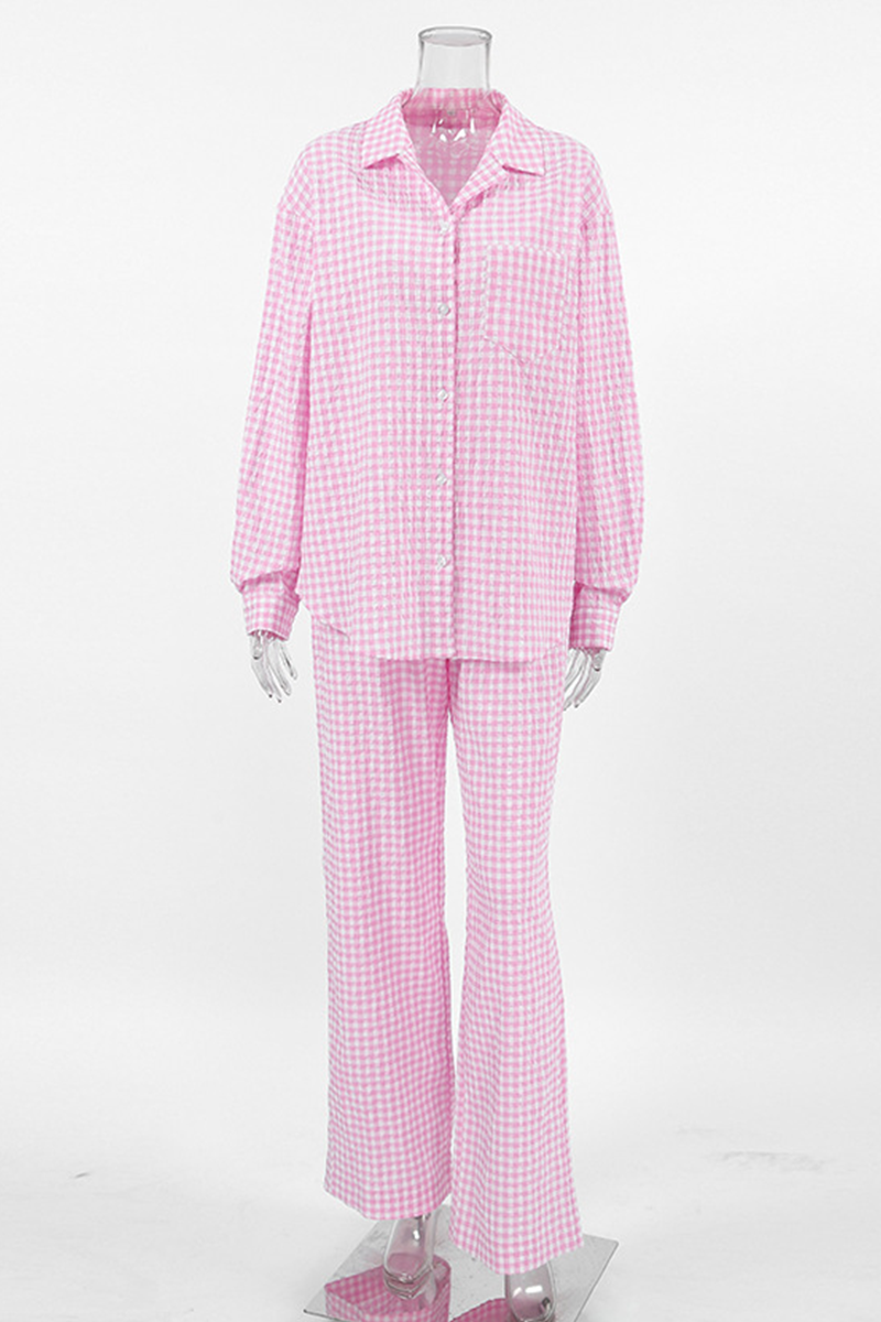 Casual Street Plaid Buttons Contrast Turndown Collar Long Sleeve Two Pieces - Fashionpara