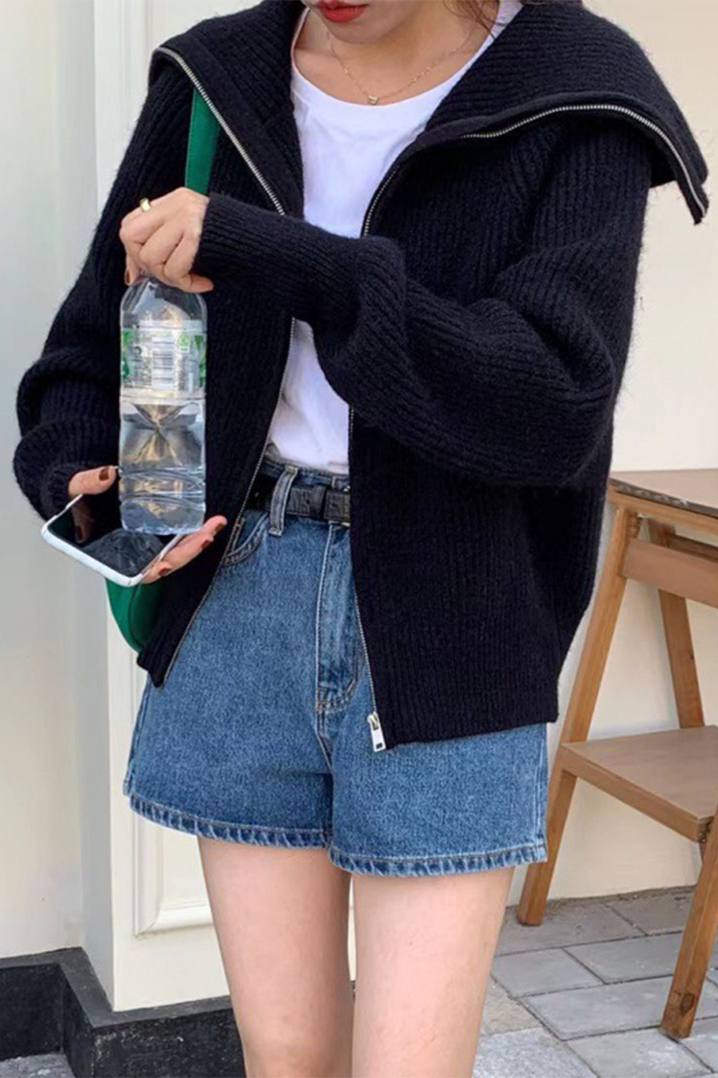 Stylish Zipper Turndown Collar Cardigans in 7 Colors