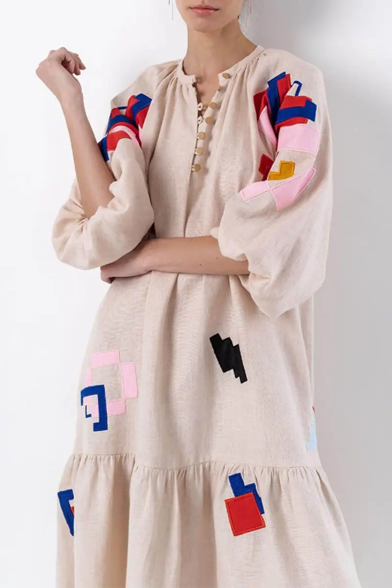 Casual Street Geometric Print Buckle Patchwork V Neck A Line Dresses  Fashionpara