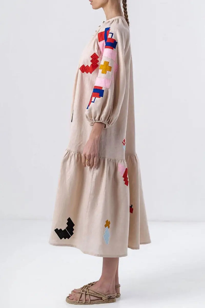 Casual Street Geometric Print Buckle Patchwork V Neck A Line Dresses  Fashionpara