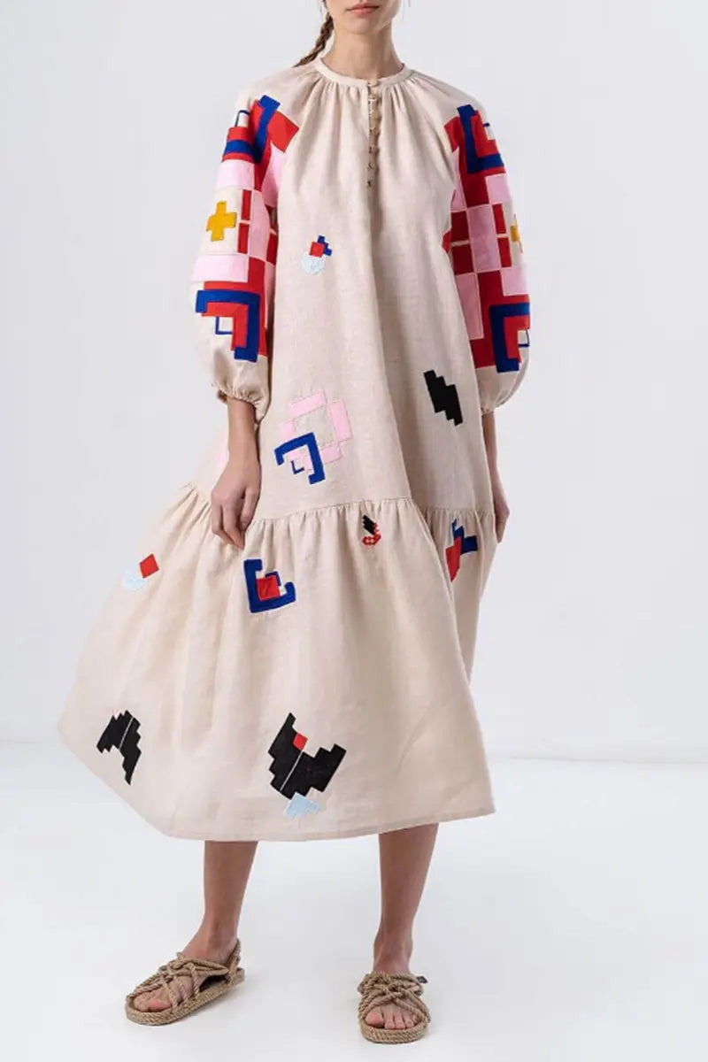 Casual Street Geometric Print Buckle Patchwork V Neck A Line Dresses  Fashionpara