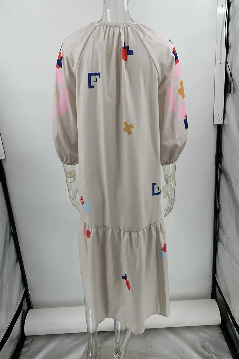 Casual Street Geometric Print Buckle Patchwork V Neck A Line Dresses  Fashionpara