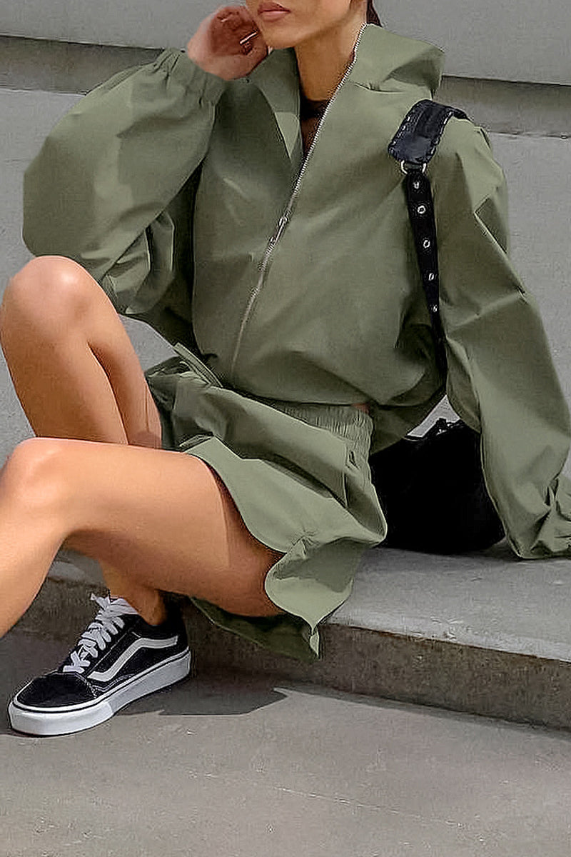 Casual Street Lace Up Zipper Turndown Collar Long Sleeve Two Pieces - Fashionpara