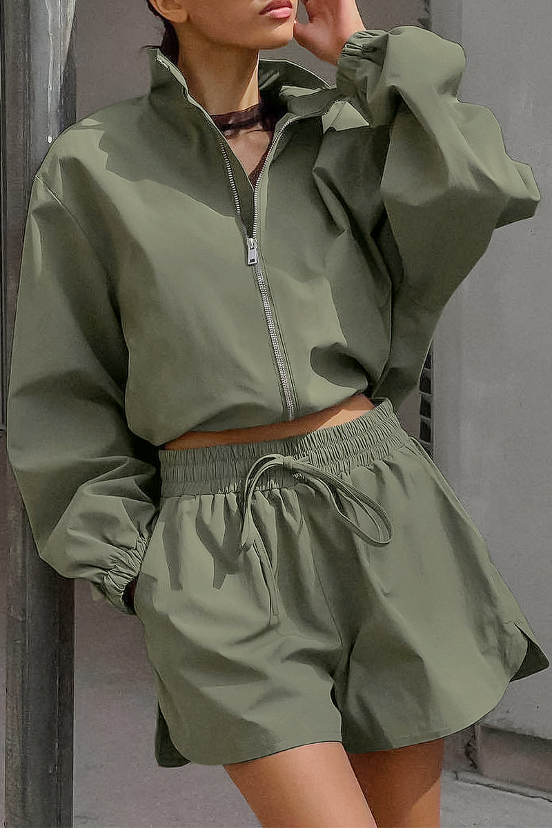 Casual Street Lace Up Zipper Turndown Collar Long Sleeve Two Pieces - Fashionpara