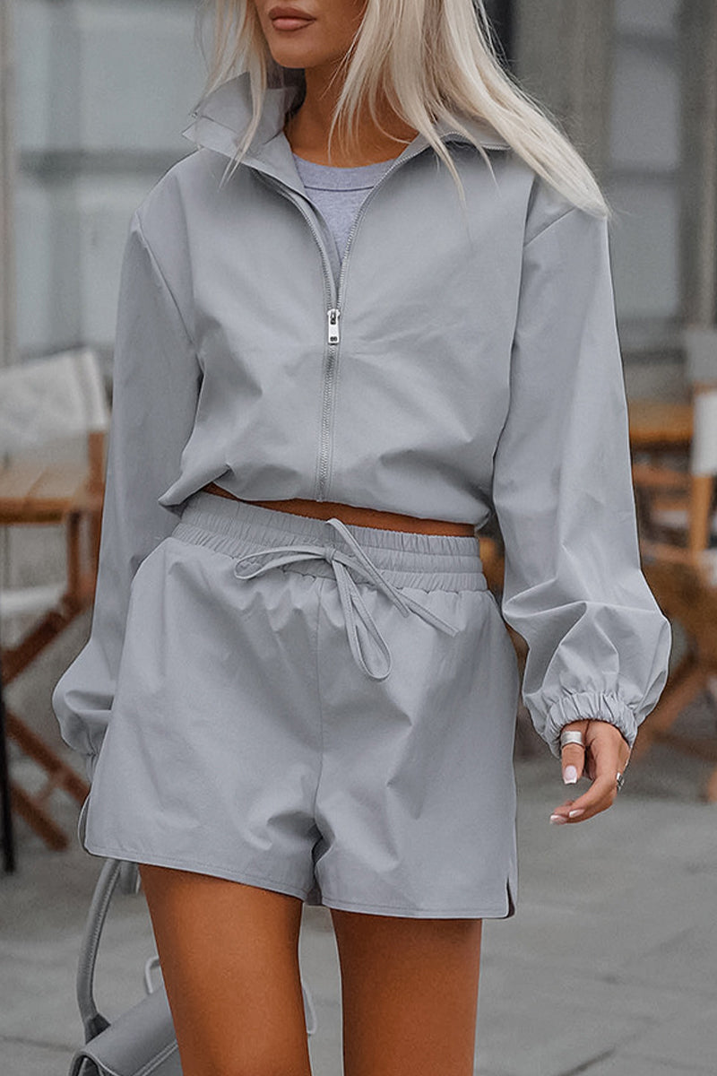 Casual Street Lace Up Zipper Turndown Collar Long Sleeve Two Pieces - Fashionpara