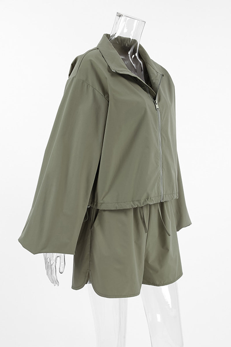 Casual Street Lace Up Zipper Turndown Collar Long Sleeve Two Pieces - Fashionpara