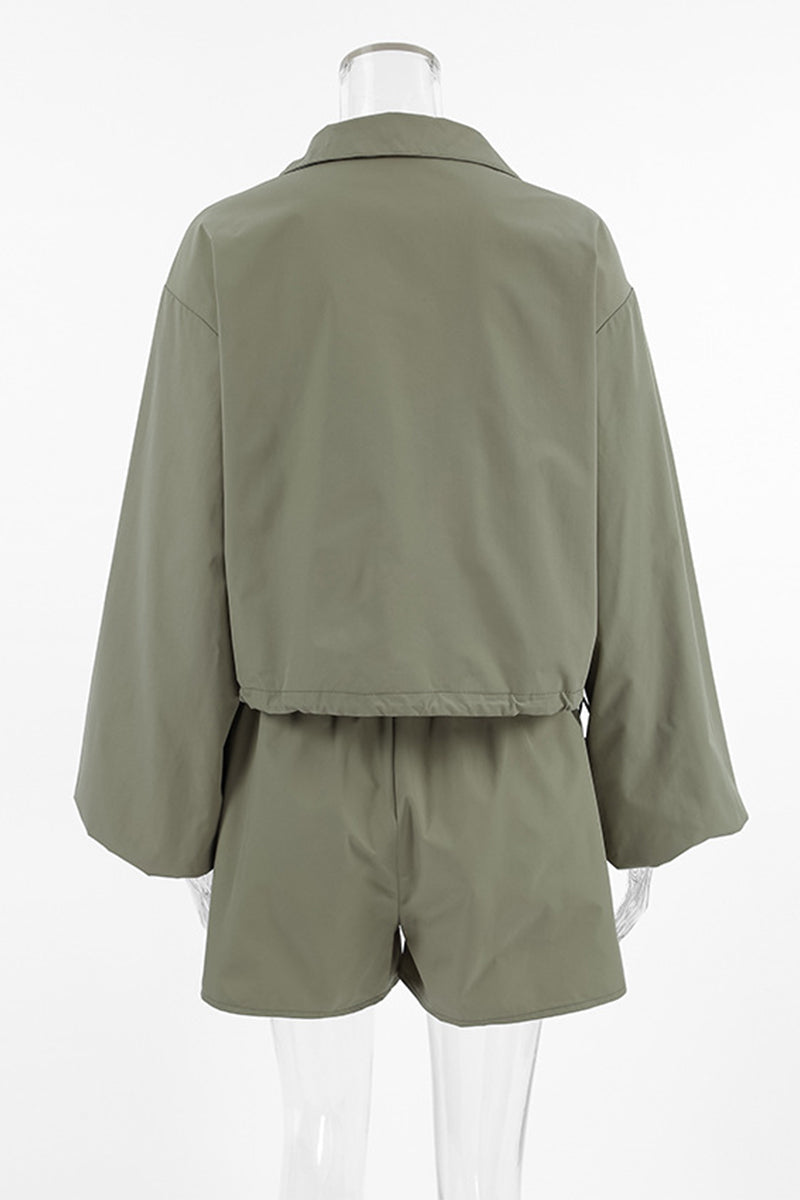 Casual Street Lace Up Zipper Turndown Collar Long Sleeve Two Pieces - Fashionpara