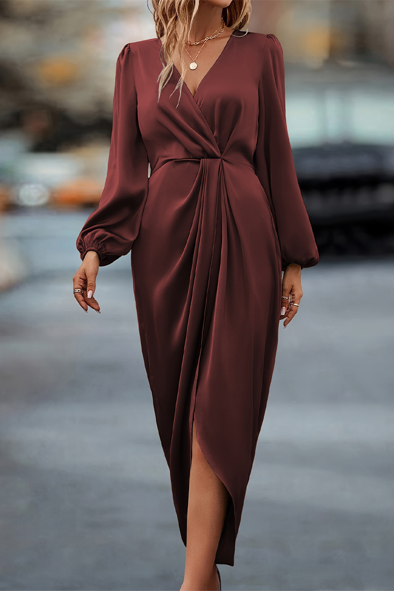 Casual Elegant Ruched V Neck One Step Skirt Dresses(3 Colors) - Fashionpara