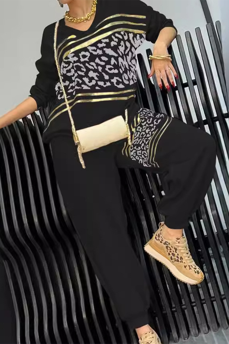 Casual Street Bronzing Pattern Leopard V Neck Long Sleeve Two Pieces(5 Colors) - Fashionpara