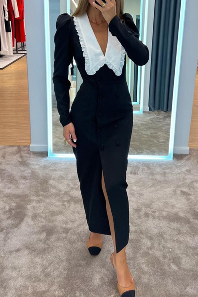 Celebrities Elegant Slit Contrast Peter Pan Collar One Step Skirt Dresses - Fashionpara