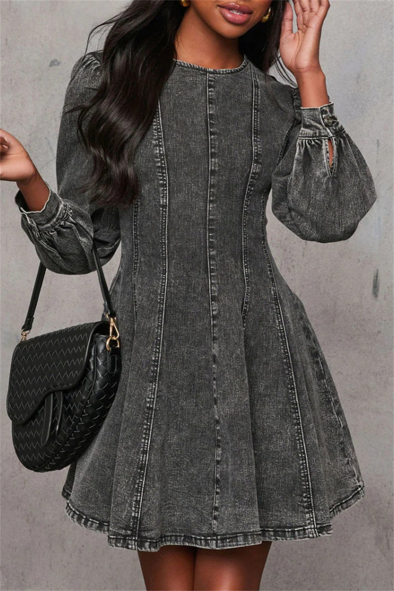 Casual Patchwork O Neck Long Sleeve Regular Denim Dresses - Fashionpara