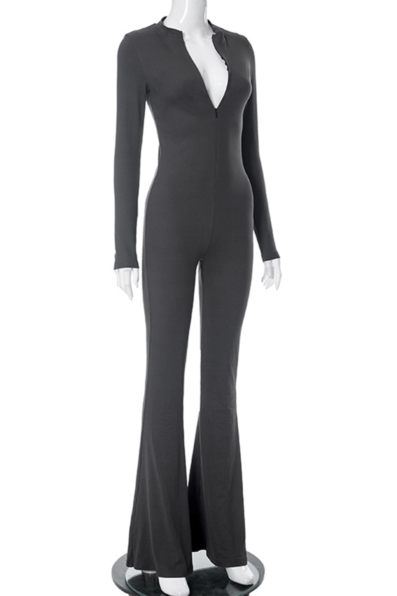 Casual Street Zipper O Neck Skinny Jumpsuits - Fashionpara