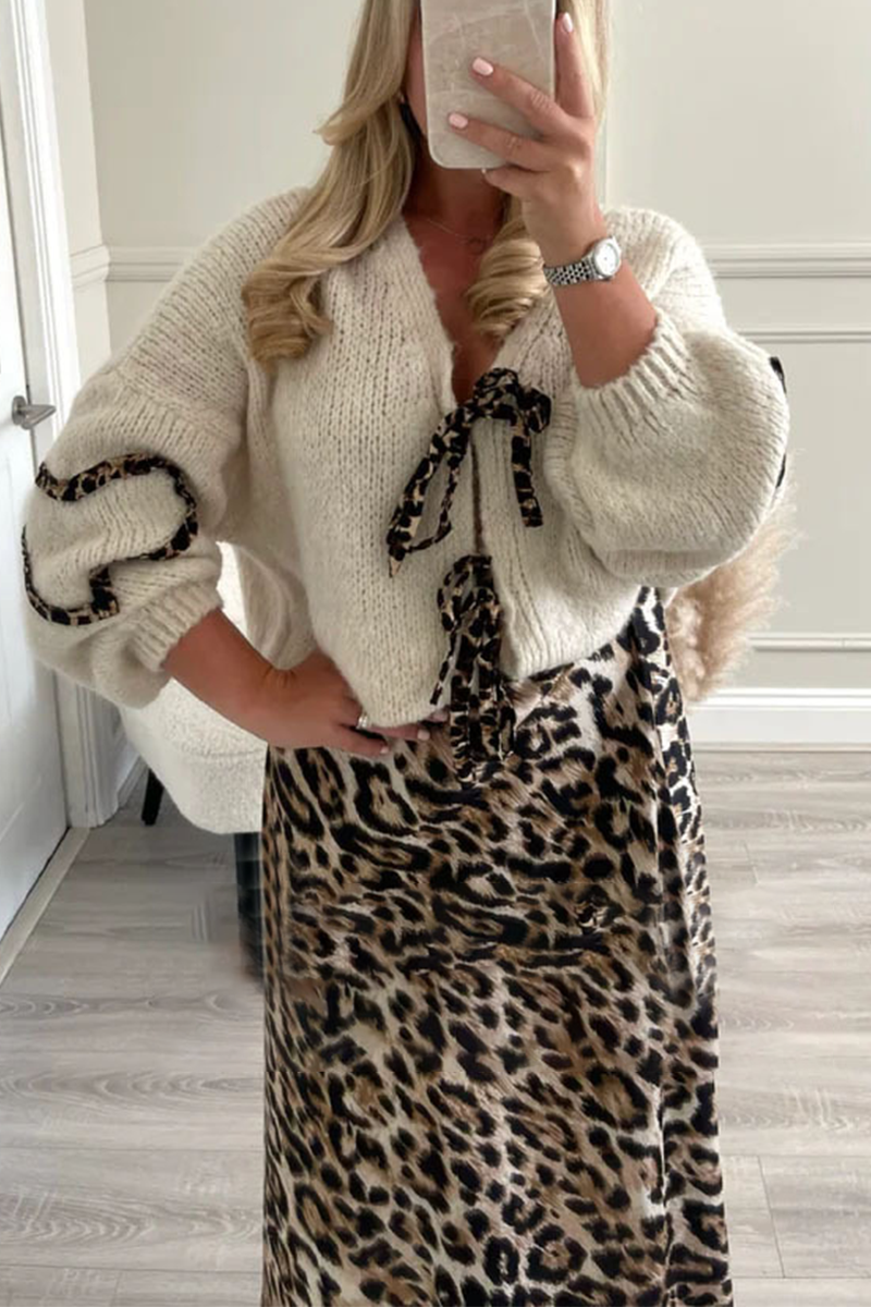 Leopard Lace-Up Knitted Jacket - Stylish Patchwork Design