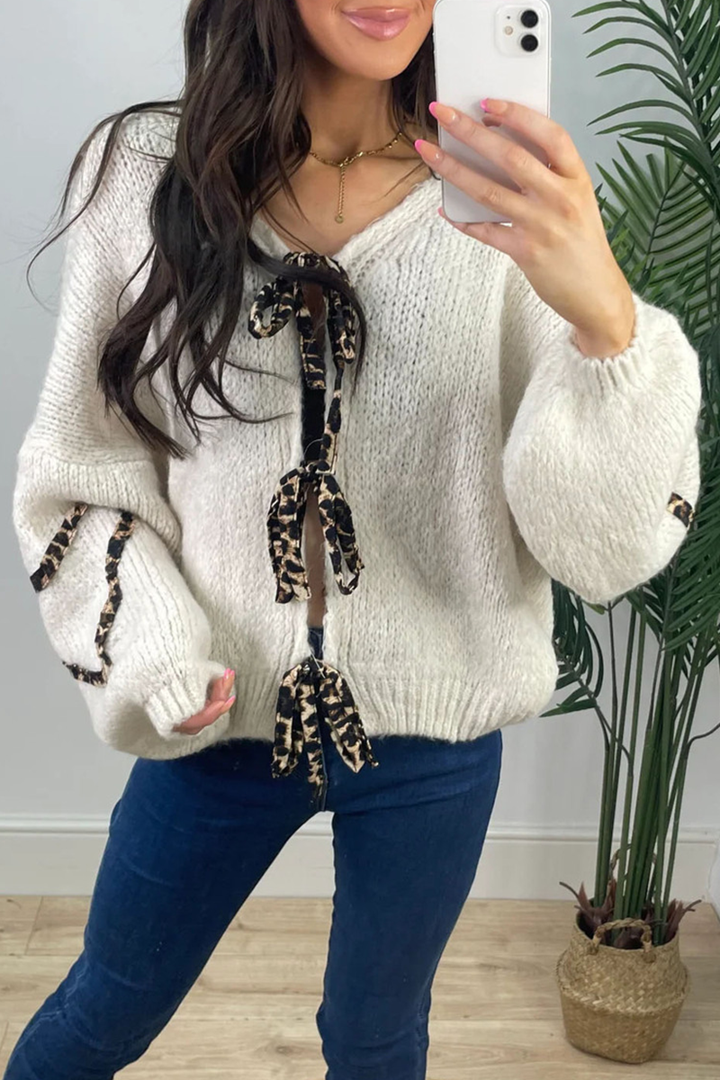 Leopard Lace-Up Knitted Jacket - Stylish Patchwork Design