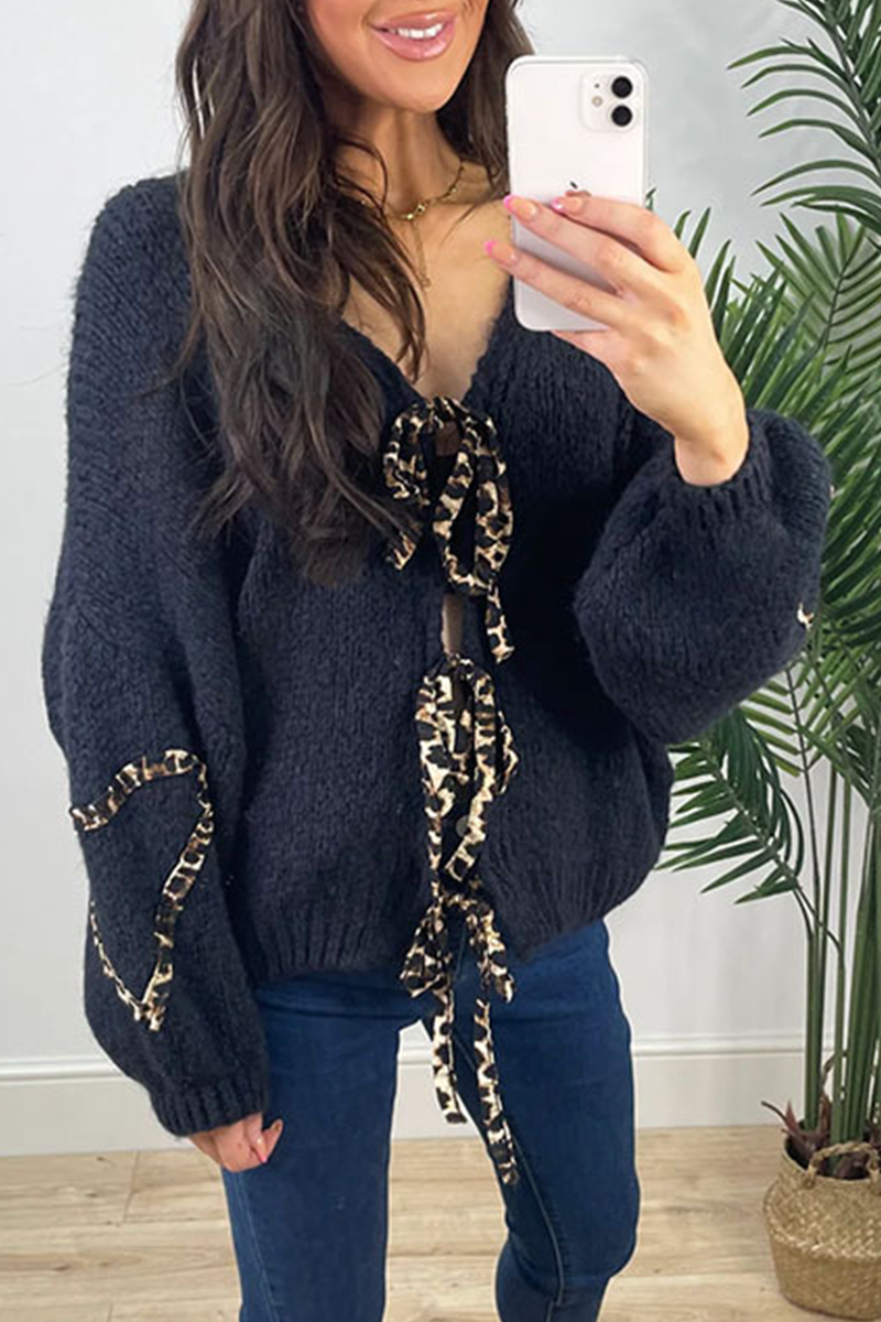Leopard Lace-Up Knitted Jacket - Stylish Patchwork Design