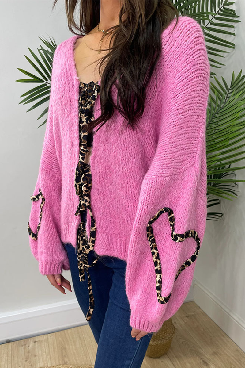 Leopard Lace-Up Knitted Jacket - Stylish Patchwork Design