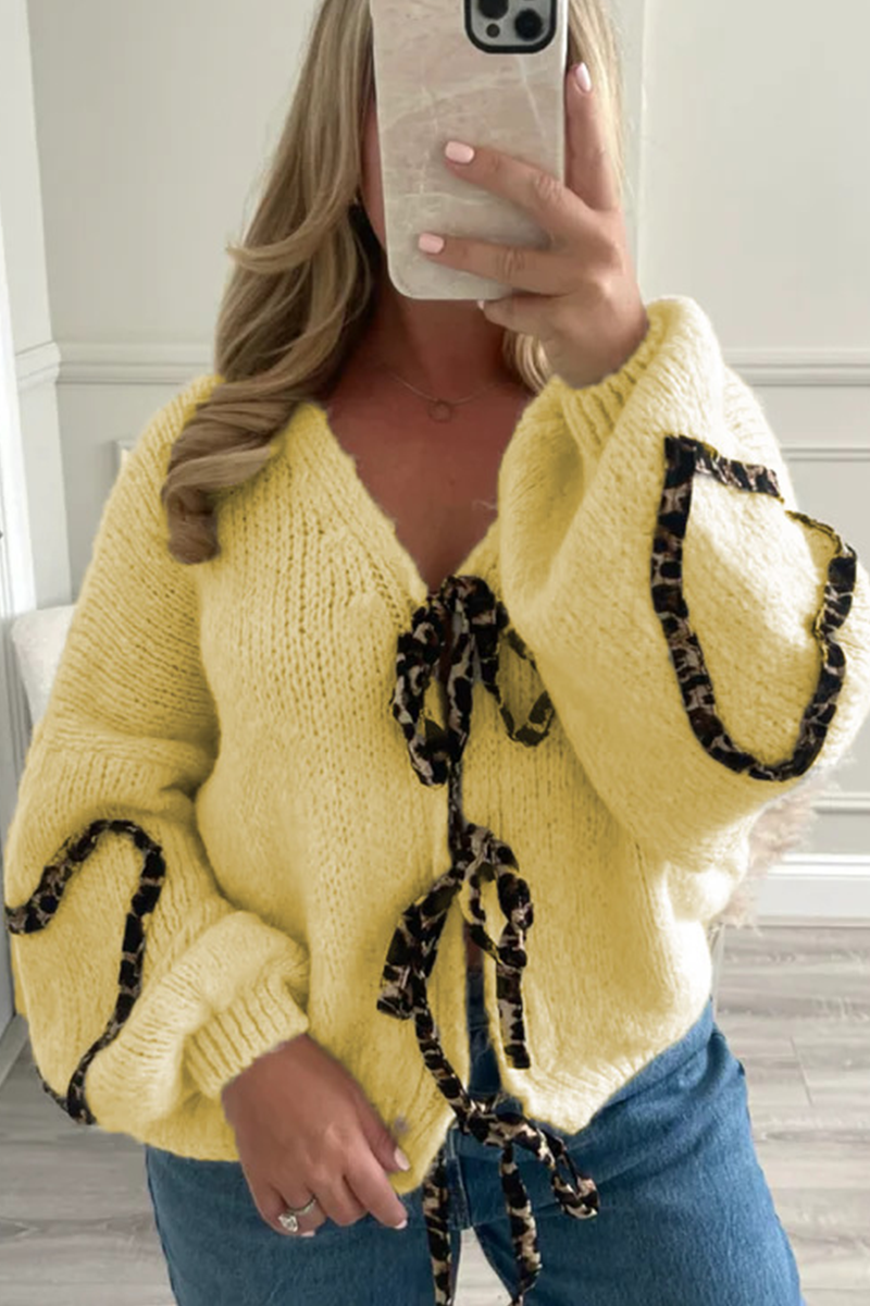 Leopard Lace-Up Knitted Jacket - Stylish Patchwork Design