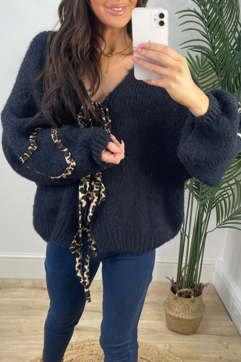 Leopard Lace-Up Knitted Jacket - Stylish Patchwork Design