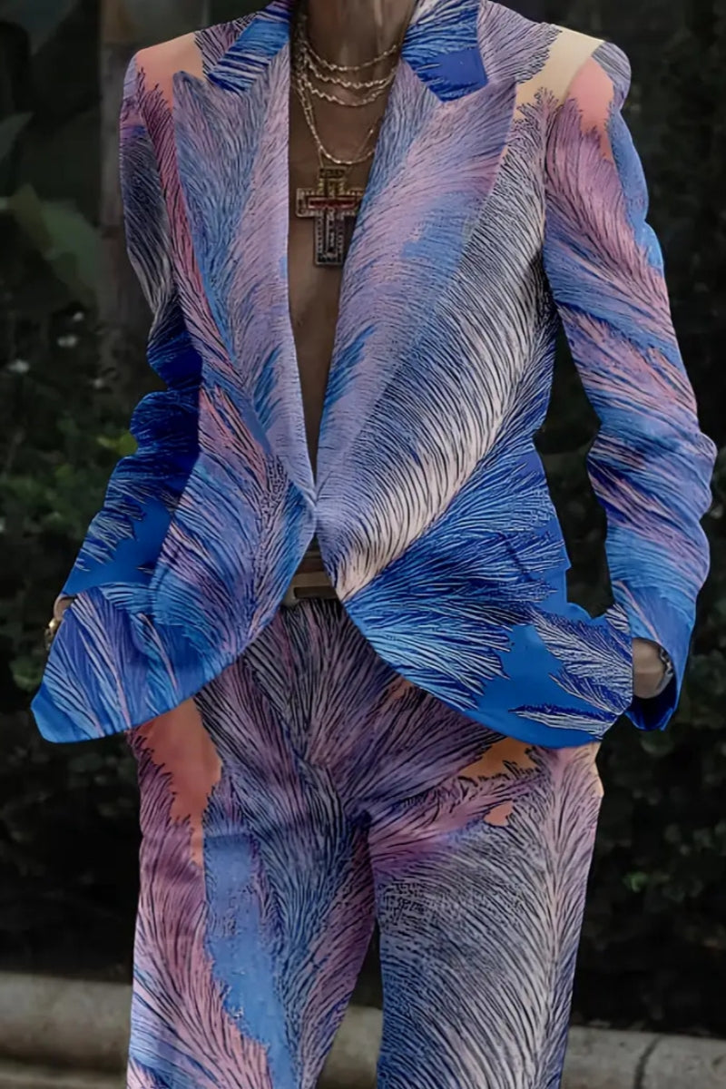 Casual Print Buttons Turn-back Collar Long Sleeve Two Pieces(6 Colors)