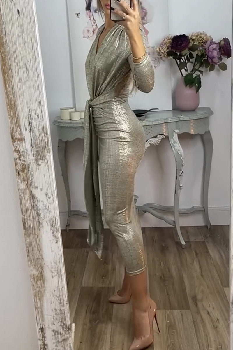 Sexy Bronzing Pattern Ruched V Neck Wrapped Skirt Dresses(3 Colors) - Fashionpara