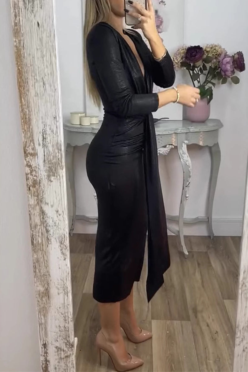 Sexy Bronzing Pattern Ruched V Neck Wrapped Skirt Dresses(3 Colors) - Fashionpara