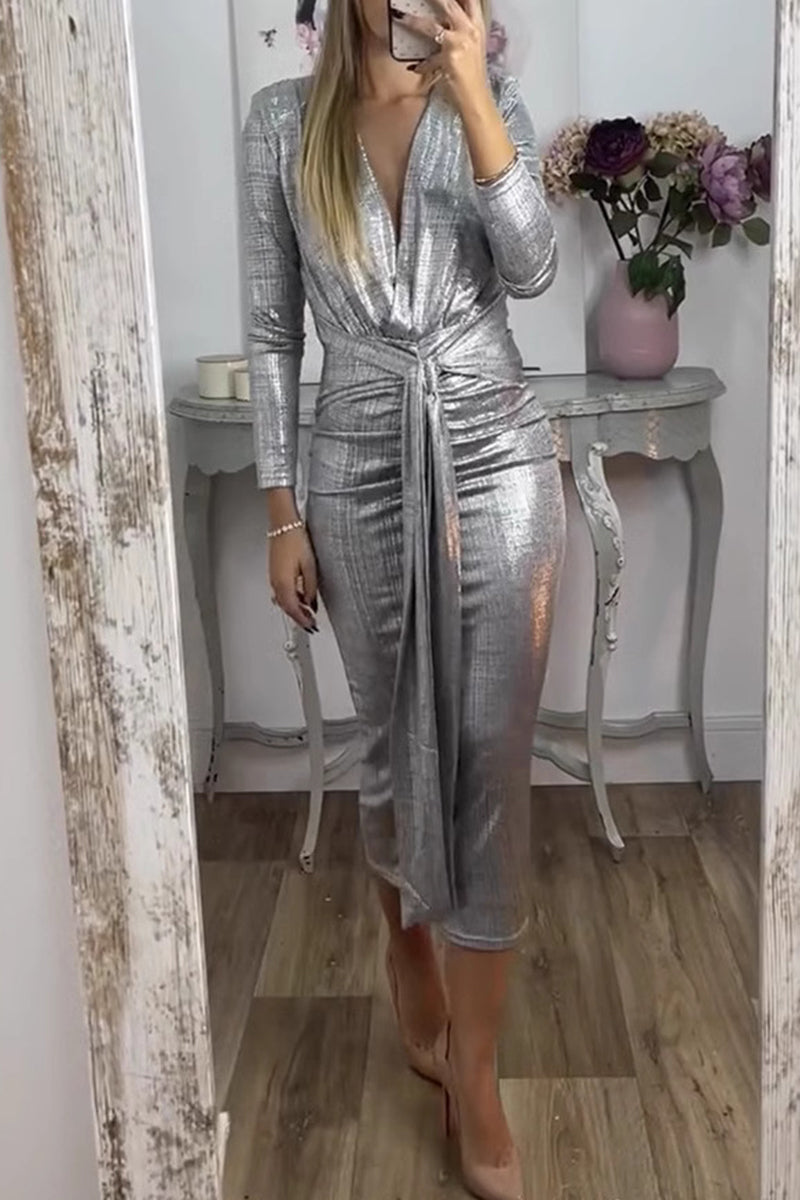 Sexy Bronzing Pattern Ruched V Neck Wrapped Skirt Dresses(3 Colors) - Fashionpara