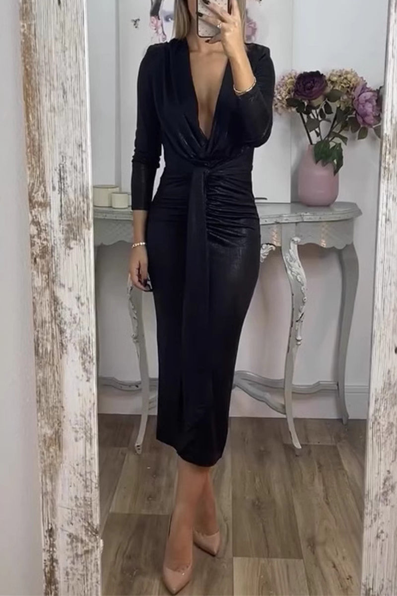 Sexy Bronzing Pattern Ruched V Neck Wrapped Skirt Dresses(3 Colors) - Fashionpara