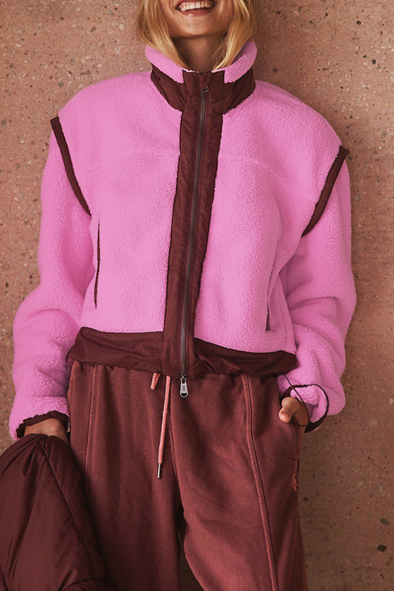 Stylish Patchwork Zipper Mandarin Collar Blazer Jacket