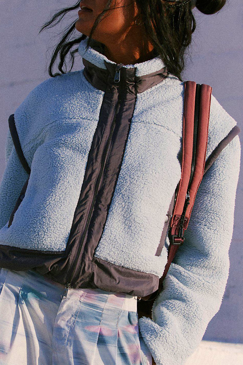 Stylish Patchwork Zipper Mandarin Collar Blazer Jacket