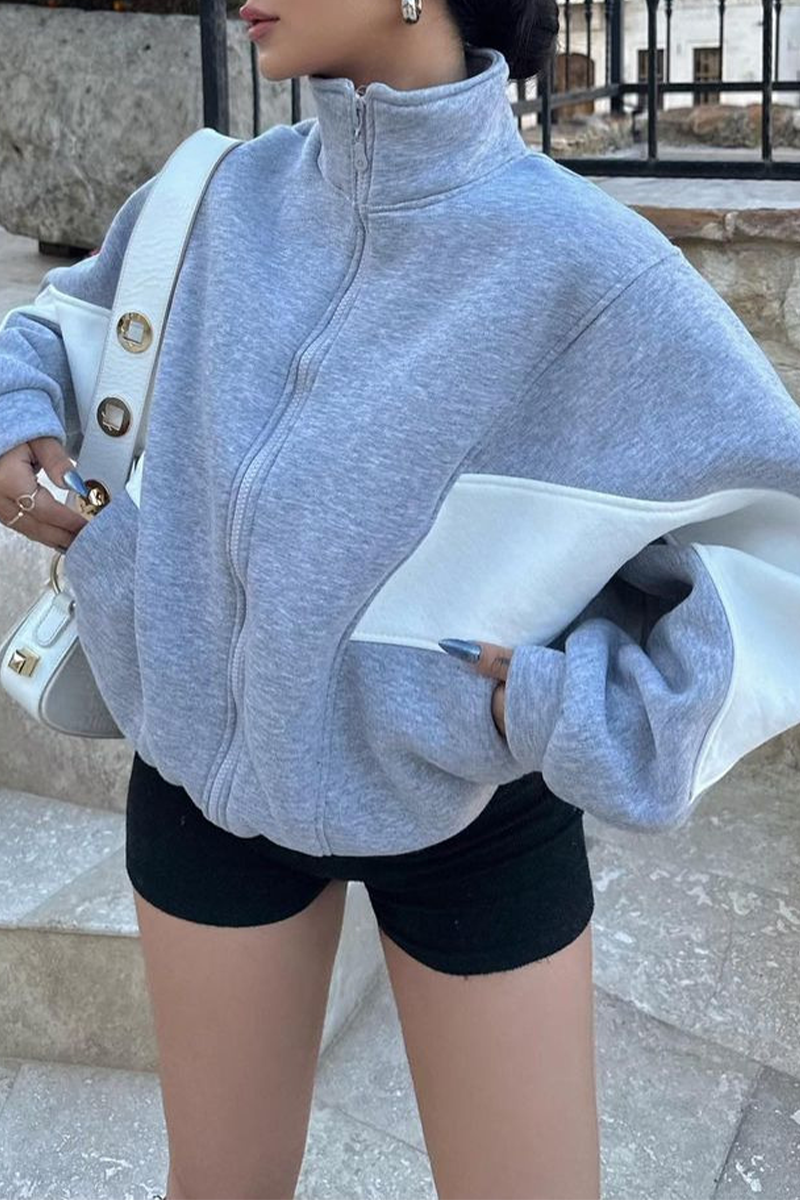 Colorblock Zipper Jacket with Mandarin Collar – Casual Chic