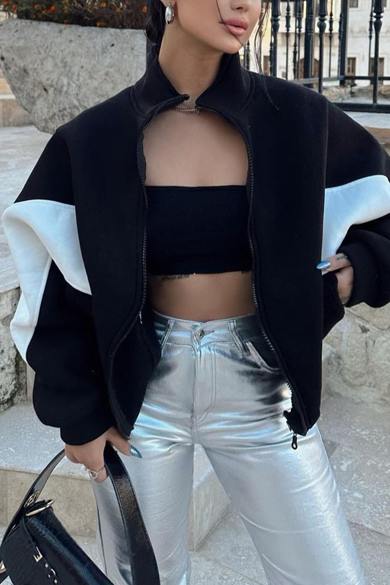 Colorblock Zipper Jacket with Mandarin Collar – Casual Chic