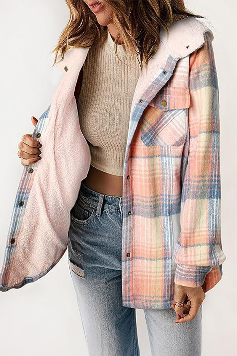 Fluffy Contrast Hooded Plaid Outerwear for Cozy Style