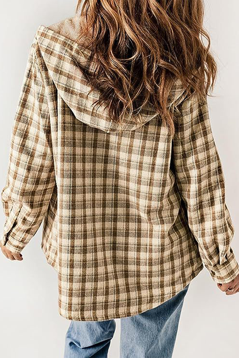 Fluffy Contrast Hooded Plaid Outerwear for Cozy Style