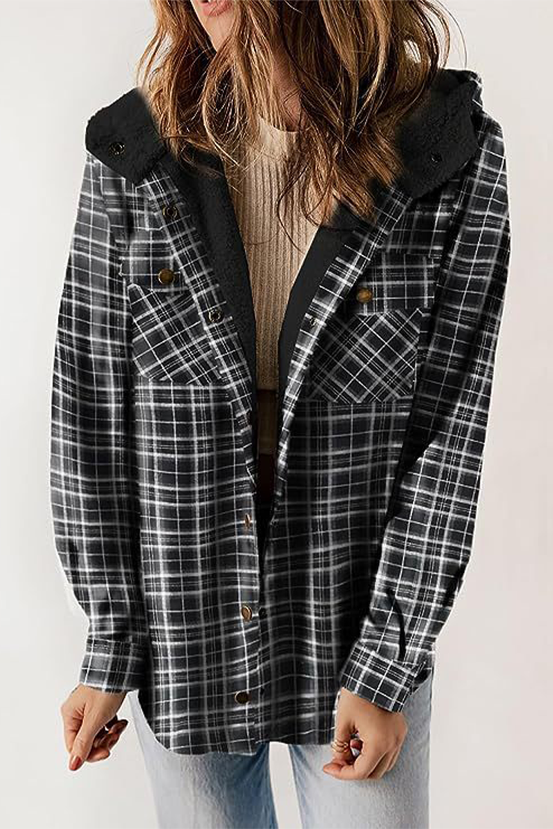 Fluffy Contrast Hooded Plaid Outerwear for Cozy Style