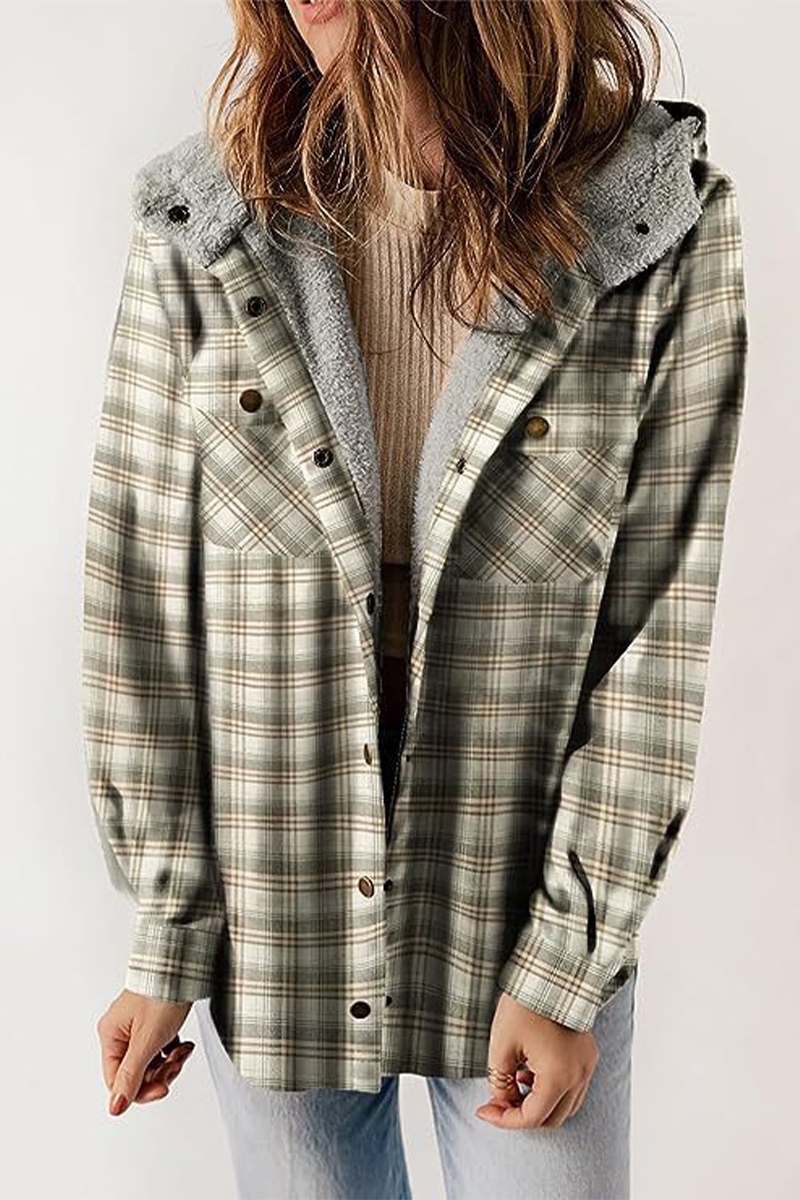 Fluffy Contrast Hooded Plaid Outerwear for Cozy Style