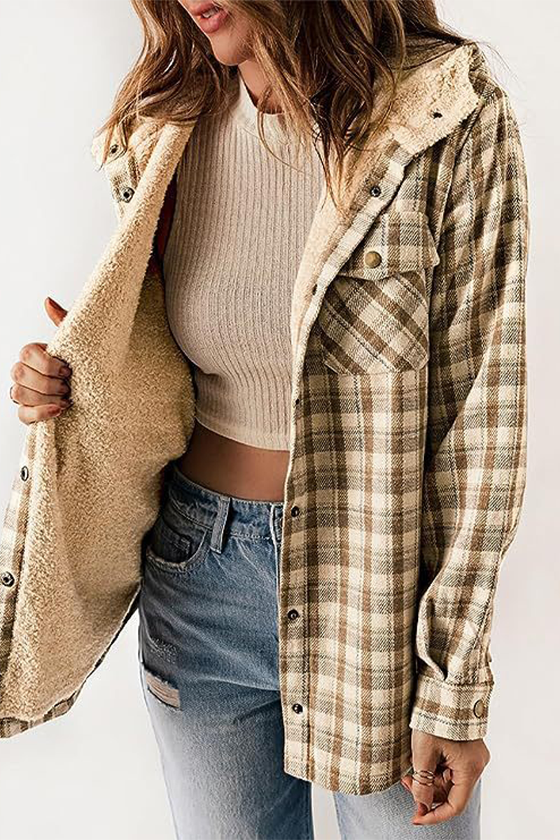 Fluffy Contrast Hooded Plaid Outerwear for Cozy Style