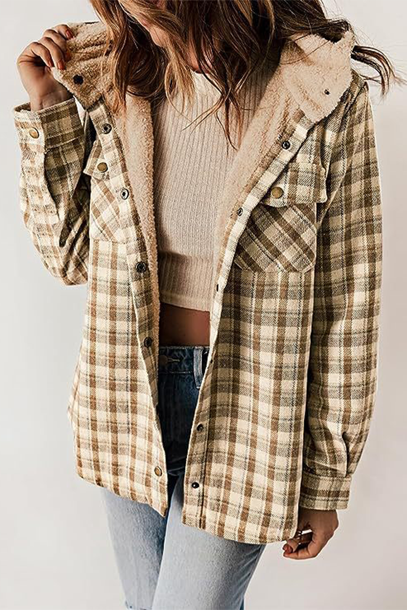 Fluffy Contrast Hooded Plaid Outerwear for Cozy Style