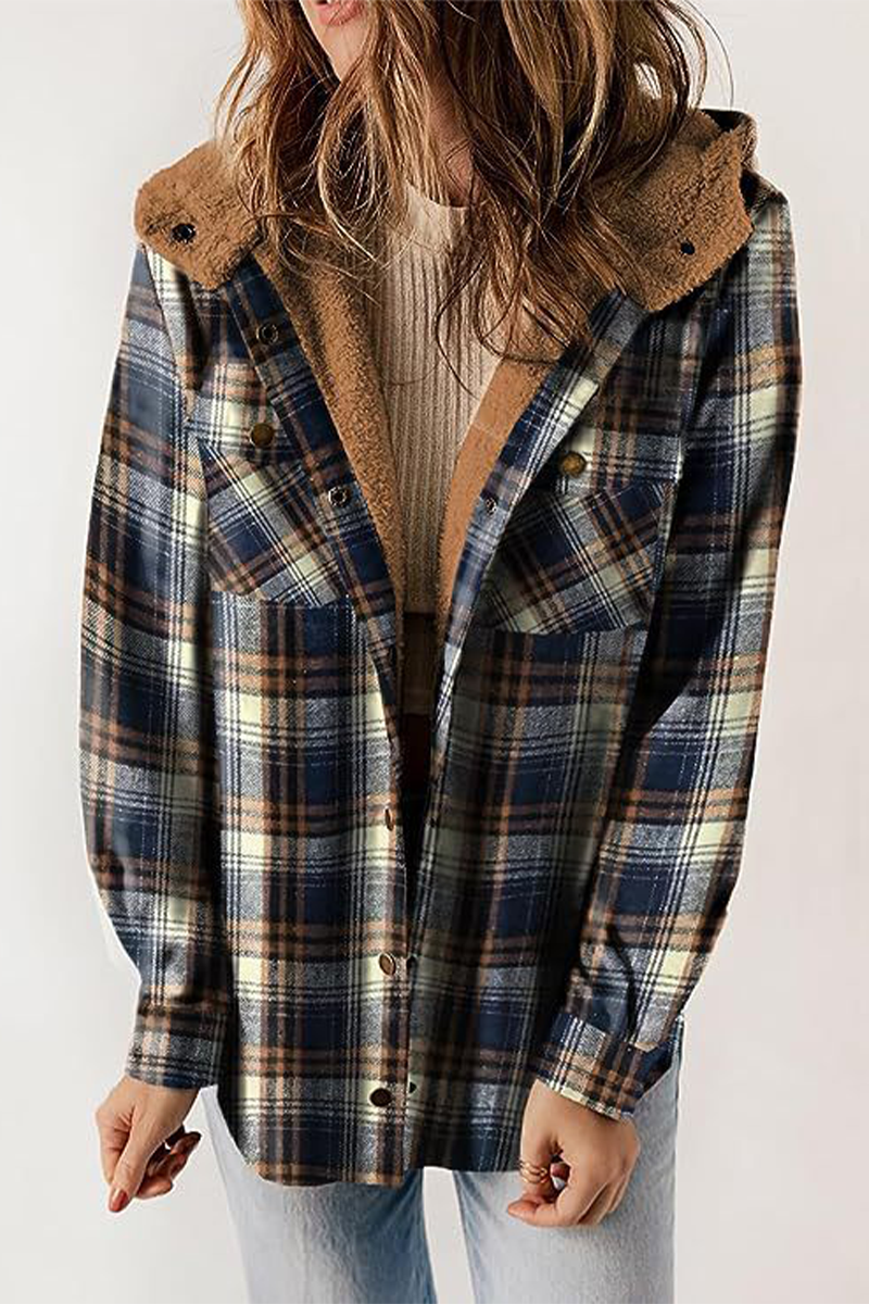 Fluffy Contrast Hooded Plaid Outerwear for Cozy Style