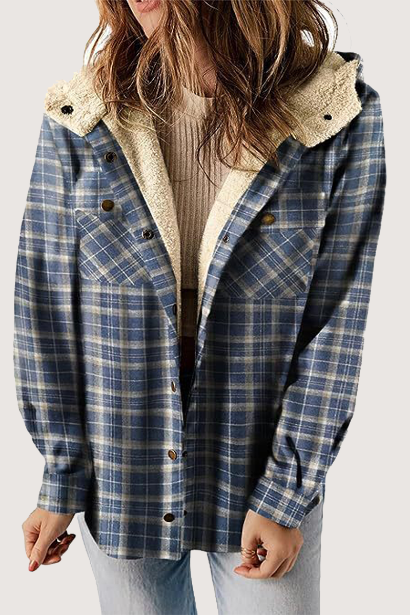 Fluffy Contrast Hooded Plaid Outerwear for Cozy Style
