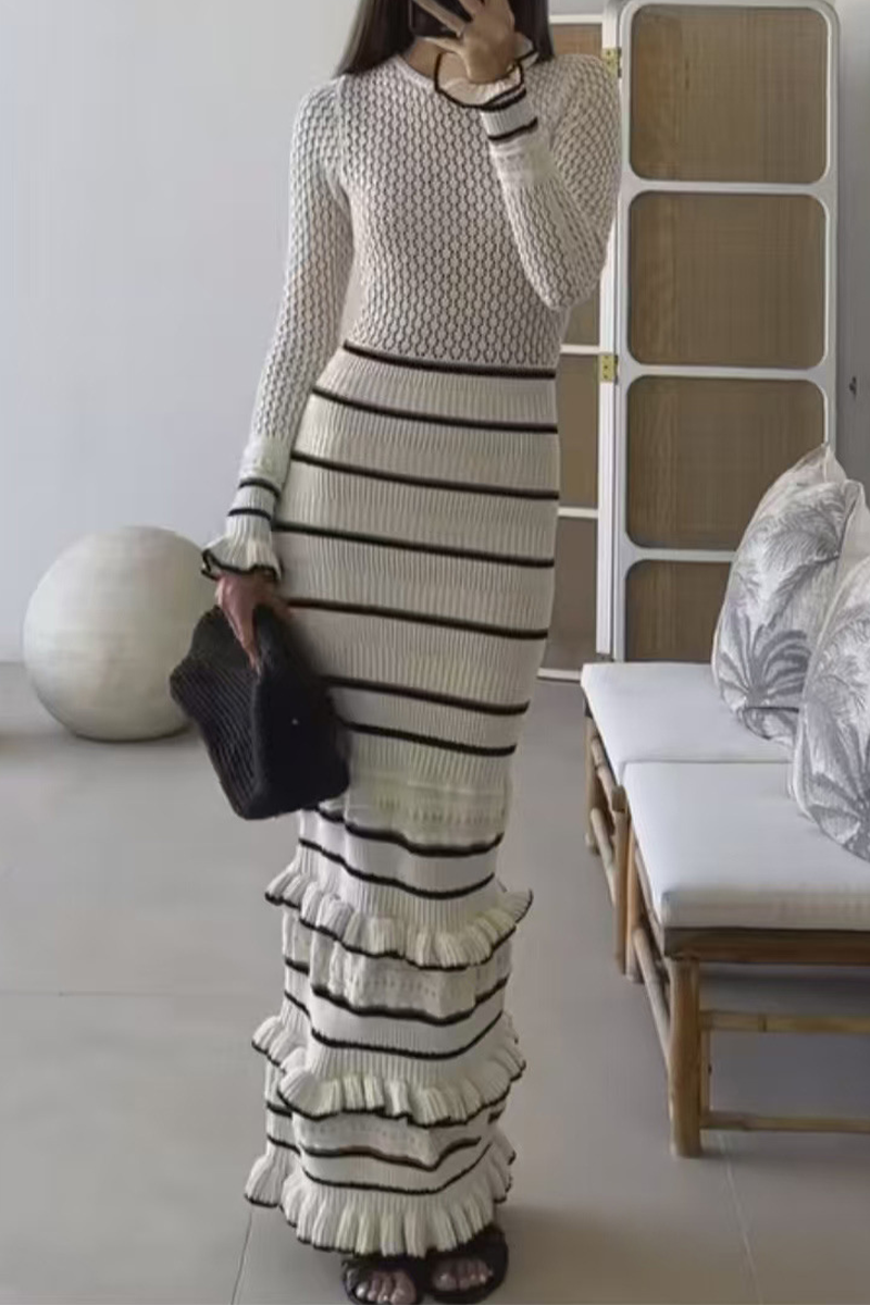 Casual Stripe Ruffle Weave Contrast O Neck Wrapped Skirt Dresses - Fashionpara