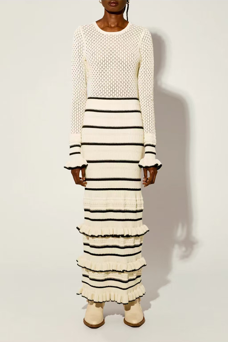 Casual Stripe Ruffle Weave Contrast O Neck Wrapped Skirt Dresses - Fashionpara