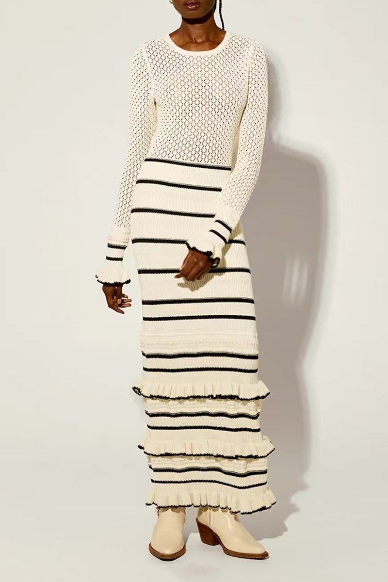Casual Stripe Ruffle Weave Contrast O Neck Wrapped Skirt Dresses - Fashionpara