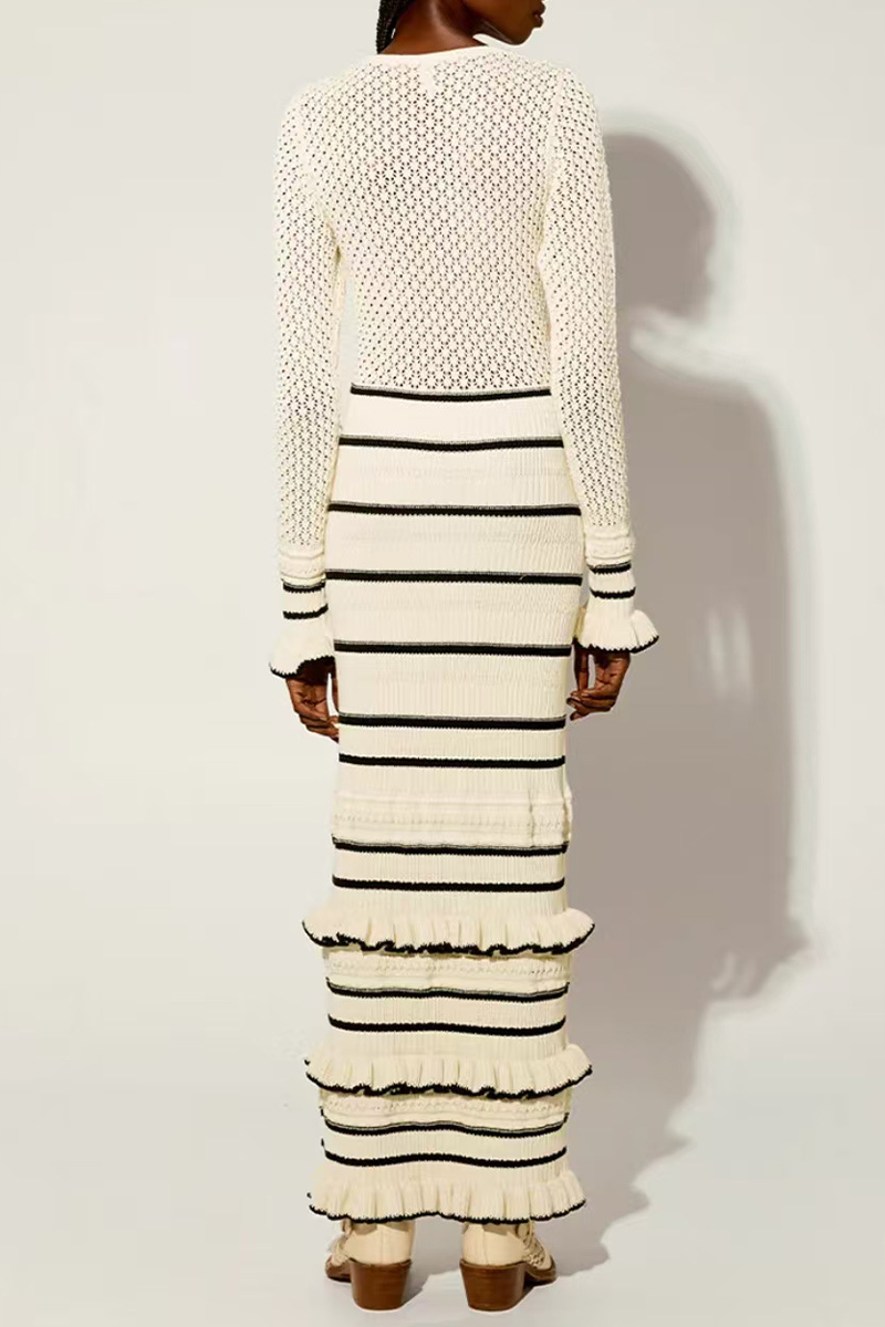 Casual Stripe Ruffle Weave Contrast O Neck Wrapped Skirt Dresses - Fashionpara