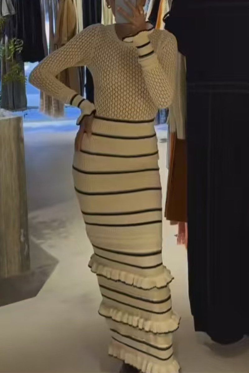 Casual Stripe Ruffle Weave Contrast O Neck Wrapped Skirt Dresses - Fashionpara