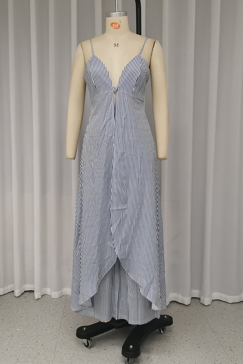 Sexy Vacation Stripe Patchwork Slit V Neck Sleeveless Two Pieces