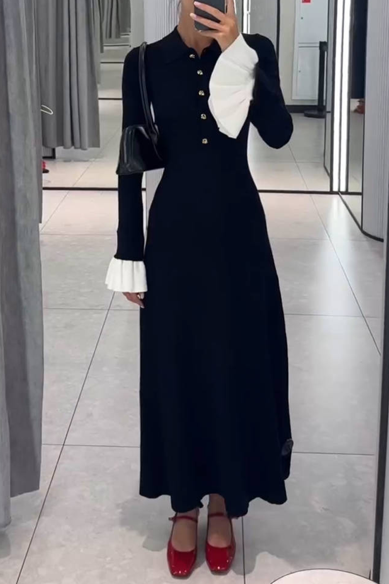 Elegant Ruffle Weave Contrast O Neck Waist Skirt Dresses - Fashionpara