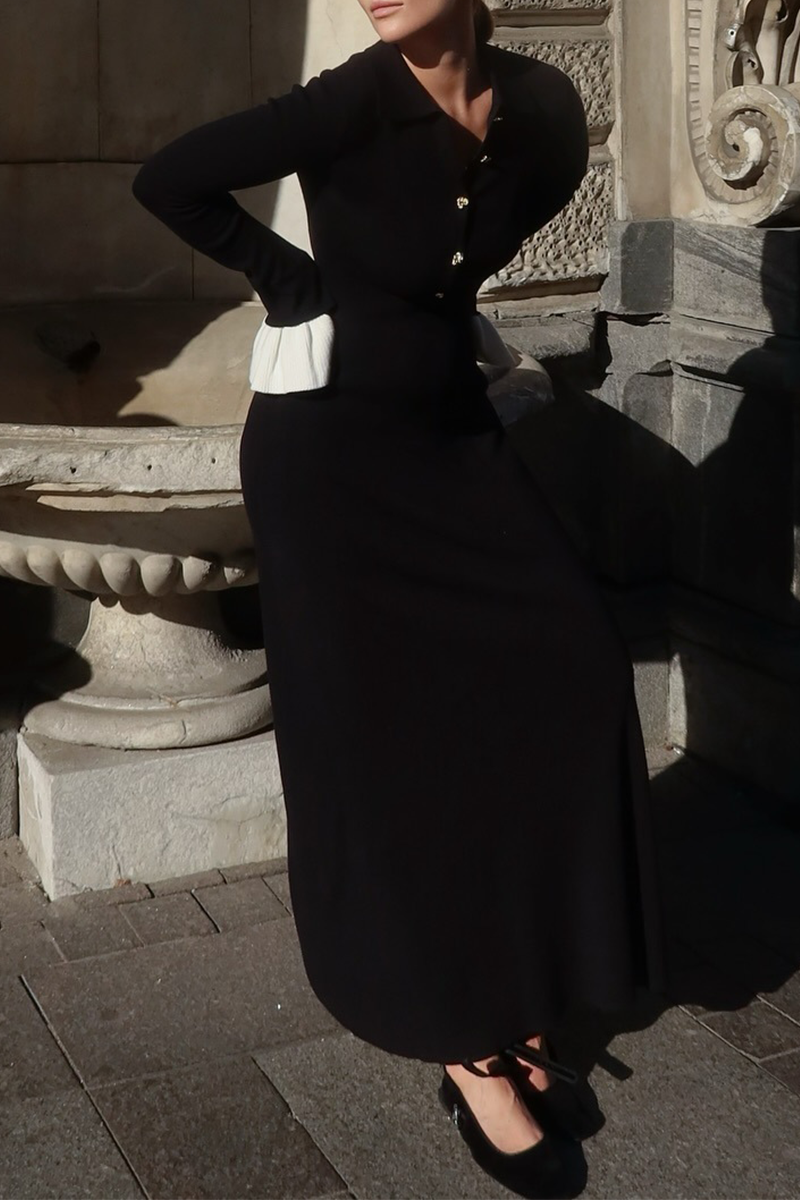 Elegant Ruffle Weave Contrast O Neck Waist Skirt Dresses - Fashionpara